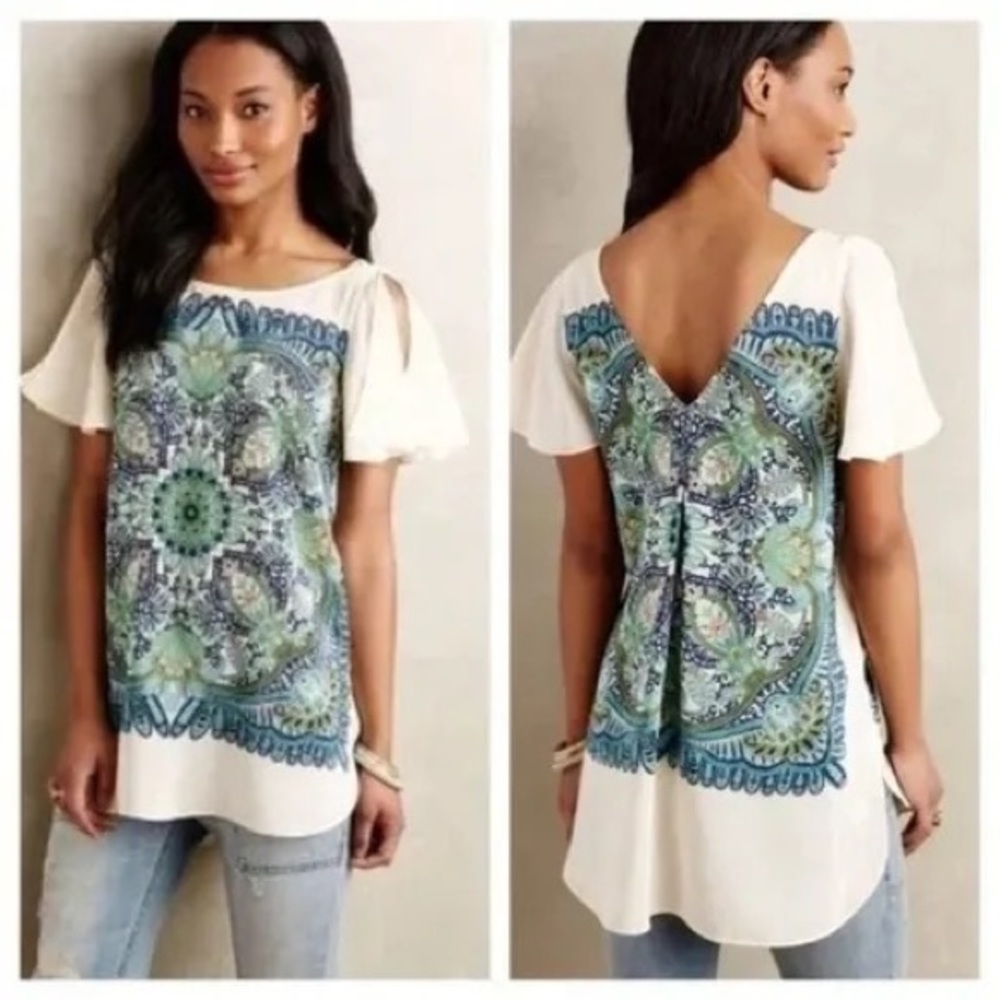 Anthropologie Maeve Ludovica 100% Silk Flutter Sleeve Tunic Medallion blouse